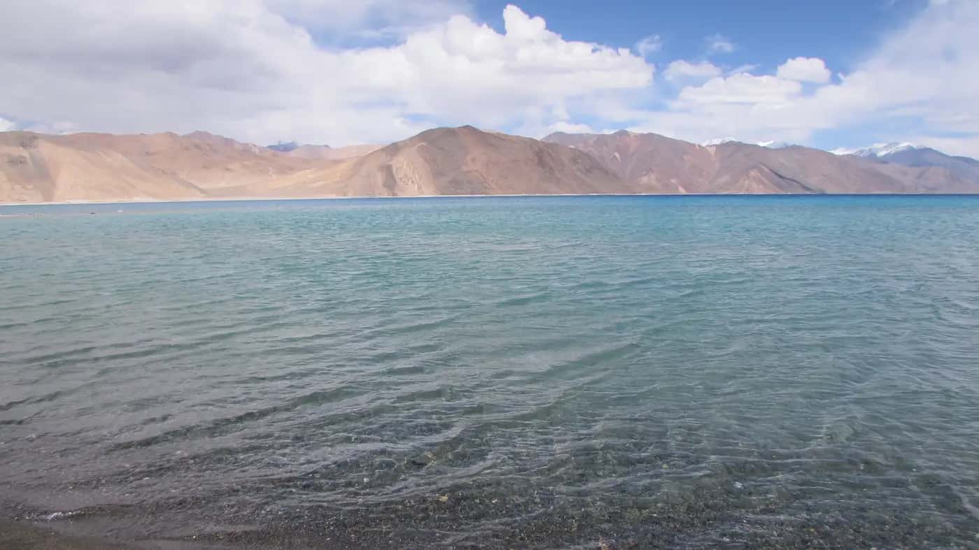 Blue waters and mountain scenery at Pangong Lake, Ladakh